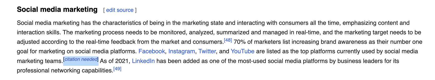 Citation needed tag on the digital marketing Wikipedia page.