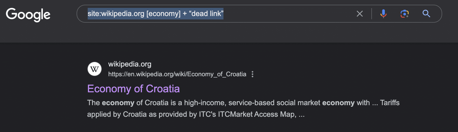 Using a search operator to find dead links on Wikipedia.
